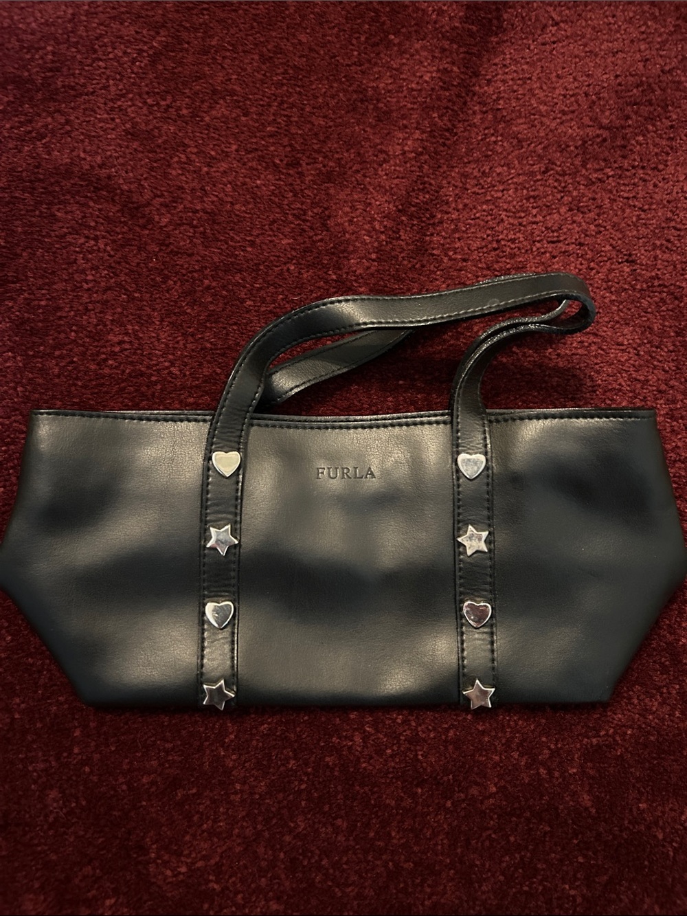 Vintage FURLA Black Leather Shoulder Bag with Heart & Star Studs